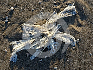 Plastic bag washed ashore on sandy beach