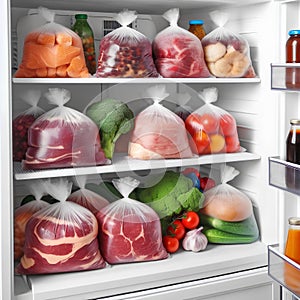 Plastic bags with deep frozen meats and vegetables on white shelves in the refrigerator