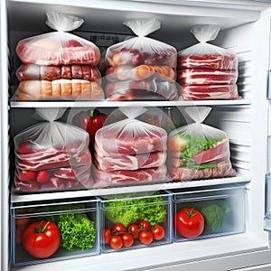 Plastic bags with deep frozen meats and vegetables on white shelves in the refrigerator