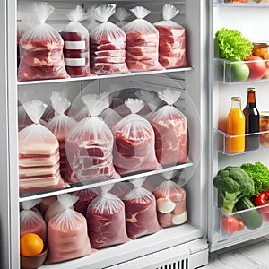 Plastic bags with deep frozen meats and vegetables on white shelves in the refrigerator