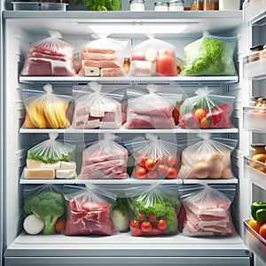 Plastic bags with deep frozen meats and vegetables on white shelves in the refrigerator