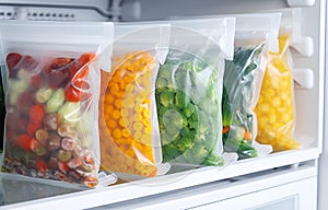 Plastic bags with deep frozen vegetables on white shelves in the refrigerator