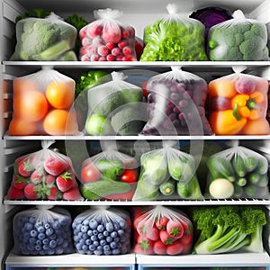 Plastic bags with deep frozen vegetables on white shelves in the refrigerator