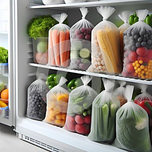 Plastic bags with deep frozen vegetables on white shelves in the refrigerator