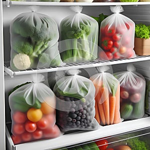 Plastic bags with deep frozen vegetables on white shelves in the refrigerator