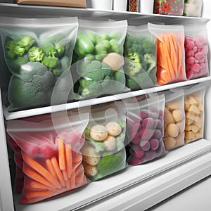 Plastic bags with deep frozen vegetables on white shelves in the refrigerator