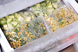 Plastic bags with different frozen vegetables in refrigerator