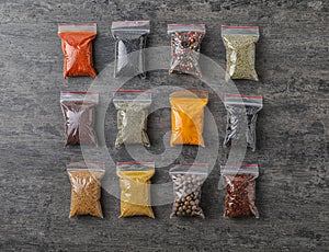 Plastic bags with different spices