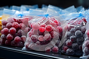 Plastic bags of frozen berries displayed tidily on a supermarkets cold shelf