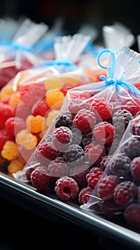 Plastic bags of frozen berries displayed tidily on a supermarkets cold shelf