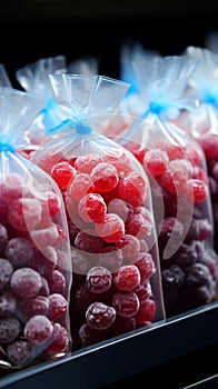 Plastic bags of frozen berries displayed tidily on a supermarkets cold shelf photo