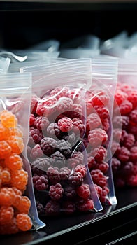 Plastic bags of frozen berries displayed tidily on a supermarkets cold shelf photo