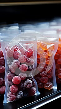 Plastic bags of frozen berries displayed tidily on a supermarkets cold shelf photo