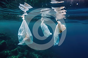 Plastic bags and garbage underwater in the ocean. Environmental pollution. Generative AI