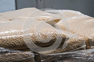 Plastic bags of wood pellets