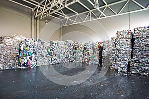 Plastic bales at the waste processing plant. Separate garbage collection. Recycling and storage of waste for further disposal.