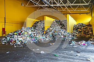 Plastic bales at the waste processing plant. Separate garbage collection. Recycling and storage of waste for further disposal.