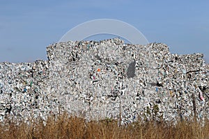 Plastic bales at the waste processing plant. Separate garbage collection. Recycling and storage of waste for further disposal. Env