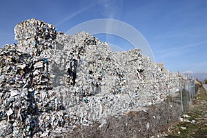 Plastic bales at the waste processing plant. Separate garbage collection. Recycling and storage of waste for further disposal. Env