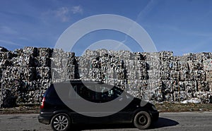 Plastic bales at the waste processing plant. Separate garbage collection. Recycling and storage of waste for further disposal. Env