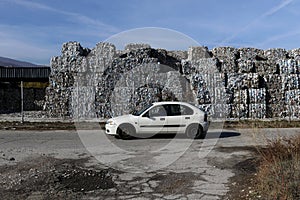 Plastic bales at the waste processing plant. Separate garbage collection. Recycling and storage of waste for further disposal. Env