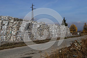 Plastic bales at the waste processing plant. Separate garbage collection. Recycling and storage of waste for further disposal. Env