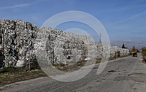 Plastic bales at the waste processing plant. Separate garbage collection. Recycling and storage of waste for further disposal. Env