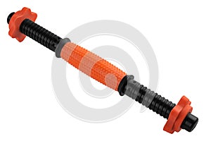 Plastic bar for stacked dumbbells, orange with black, on a white background