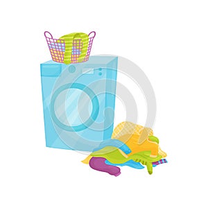 Plastic basket full of clean clothes on washing machine and pile of dirty laundry on the floor. Flat vector design