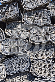 Plastic baskets for growing oysters on the western coast of the Baja peninsula