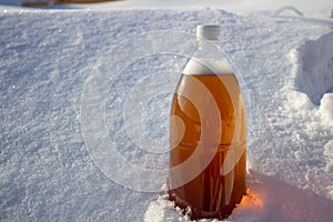 Plastic beer bottle in the snow in winter in nature, beer background