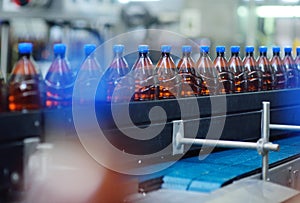 Plastic beer bottles on a conveyor belt in the background of a brewery