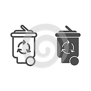 Plastic bin with recycling sign line and solid icon. Waste sorting bucket, trash container. Zero waste design concept