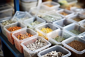 plastic bins full of assorted dry pulses