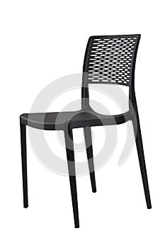 Plastic black chair with a wicker back. Patio or cafe furniture.