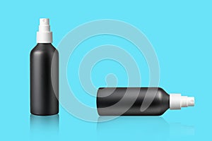 Plastic black cosmetic spray bottle, on blue background. Reflection. Packaging, storage, recycling.