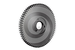 Plastic, black gear with 68 sprockets, isolated on a white background with a clipping path.