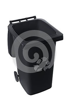 Plastic black trash can isolated on white background