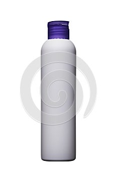 Plastic Blank Tall Shampoo Bottle with purple cap. Mockup Isolated on White Background