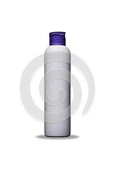 Plastic Blank Tall Shampoo Bottle with purple cap. Mockup Isolated on White Background