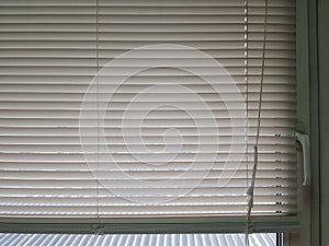 Plastic blinds in the form of white plates are seen on the window.