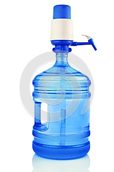 Plastic blue bottle, gallon with drinking water and pump isolated on white background