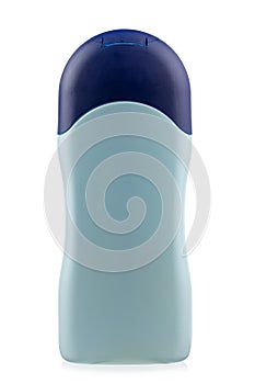 Plastic blue shampoo bottle. Isolated on a white background. Without inscription