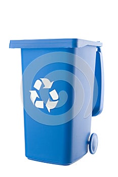 Plastic blue trash can isolated on white background