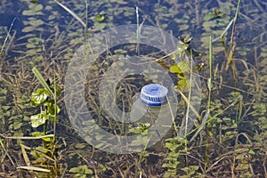 Plastic waste floating in a lake