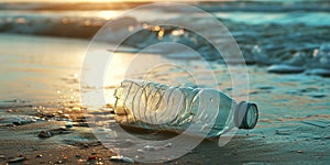 Plastic bottle on the beach at sunset. Plastic pollution concept.