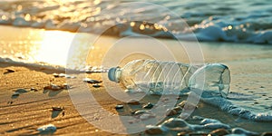 Plastic bottle on the beach at sunset. Plastic pollution concept.