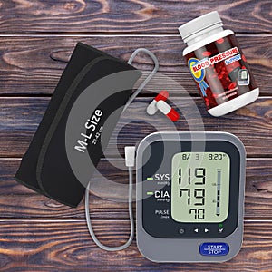 Plastic Bottle with Blood Pressure Support Pills and Digital Blood Pressure Monitor with Cuff. 3d Rendering