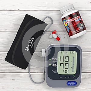 Plastic Bottle with Blood Pressure Support Pills and Digital Blood Pressure Monitor with Cuff. 3d Rendering