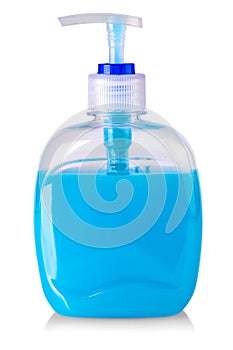 Plastic bottle of the blue transparent liquid soap isolated on white background